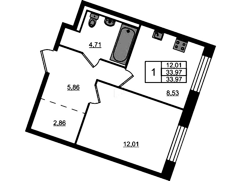 1-комнатная квартира 33.97 м², 1/9 эт., ЖК «Квартал Лаголово»